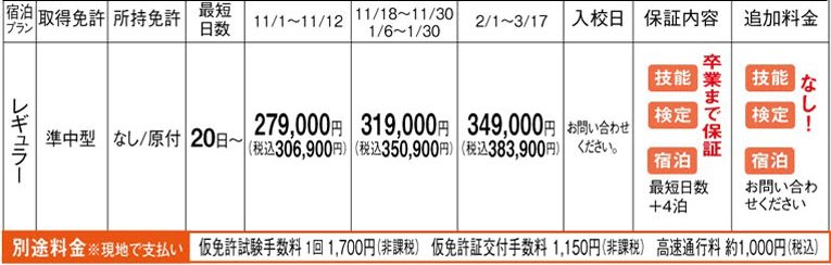 掛川自動車学校　料金表