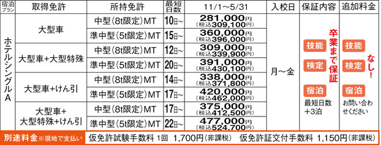 KDS釧路自動車学校　料金表