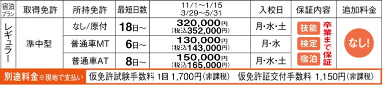 湯本自動教学校　料金表